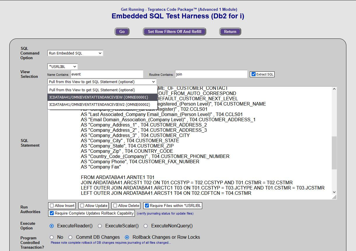 Embedded SQL Test Harness (Db2 for i) example showing SQL View source selection and extraction